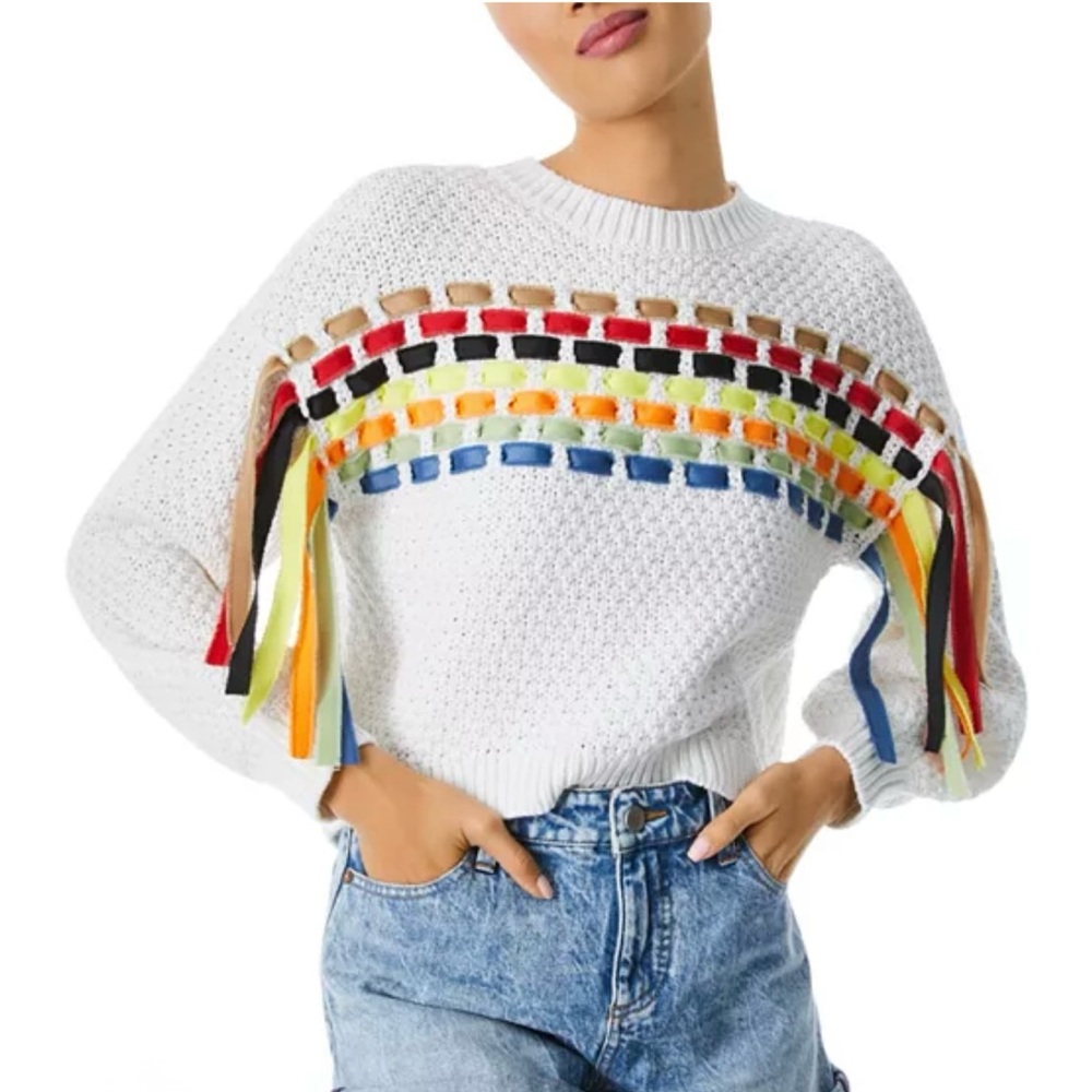 Alice + Olivia Claudette Rainbow Multi Colored Ribbon Fringe Cropped Sweater S P